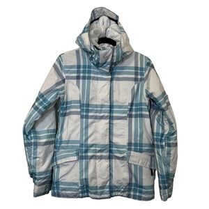 Roxy snowboarding/ski hooded jacket size small. White & turquoise plaid.
